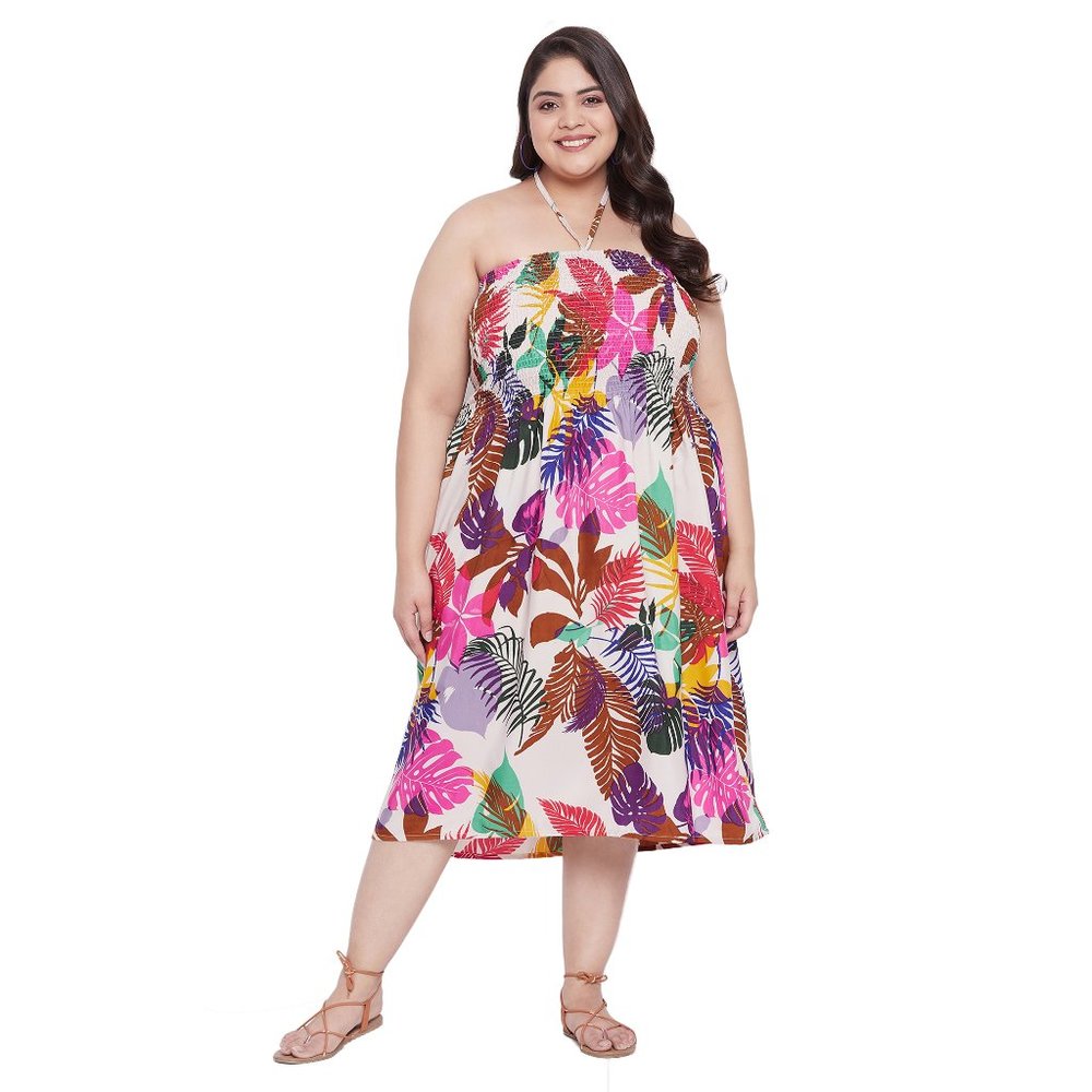 Multicolor Tropical Leaf Tube Dress Plus Size Calf Length Midi Dress for Women